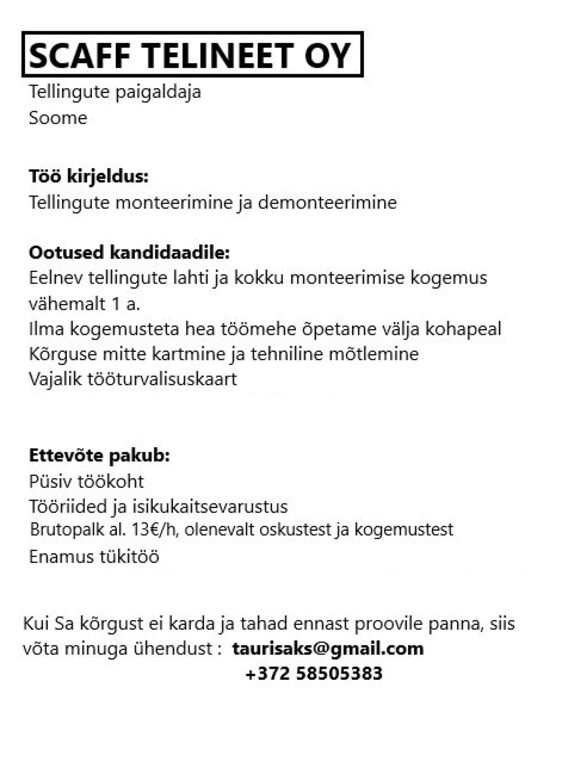 Tellingute paigaldajale Soomes
