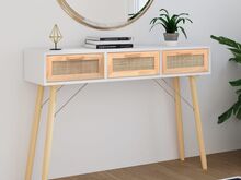 vidaXL konsoollaud, valge, 105x30x75 cm, männipuit/naturaalne rotang