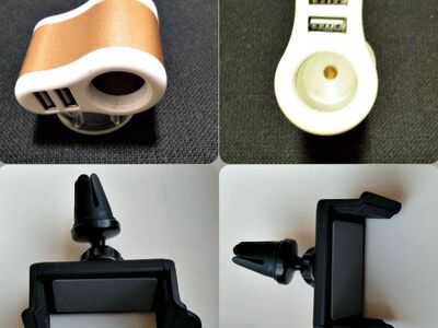 Autolaadija-adapter ja telefonihoidja.