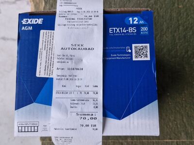 Uus Exide AGM 12 Ah mootorratta aku GARANTII