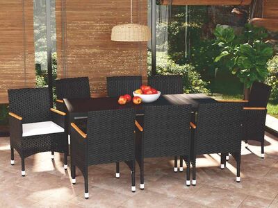 vidaXL 9-osaline aiamööbli komplekt patjadega, must, polürotang