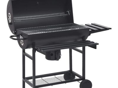 vidaXL tünnigrill rataste ja riiulitega, must, teras, 115 x 38 x 95 cm