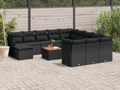 vidaXL 13-osaline aiadiivani komplekt patjadega, must, polürotang