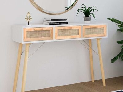 vidaXL konsoollaud, valge, 105x30x75 cm, männipuit/naturaalne rotang