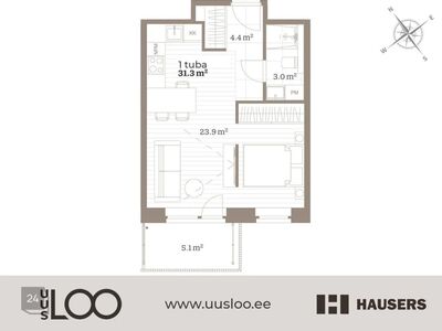 2-toalise korteri funktsioon, päikesepoolne rõdu