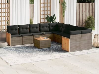 vidaXL 11-osaline aiadiivani komplekt patjadega, hall, polürotang