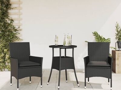 vidaXL 3-osaline aiamööbli komplekt patjadega, must, polürotang/klaas