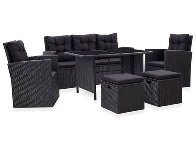 vidaXL 6-osaline aiamööblikomplekt patjadega, polürotang, must