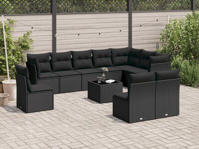 vidaXL 11-osaline aiadiivani komplekt patjadega, must, polürotang