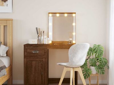 vidaXL LED-valgustusega tualettlaud, pruun tamm, 90 x 42 x 132,5 cm