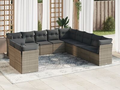 vidaXL 11-osaline aiadiivani komplekt patjadega, hall, polürotang