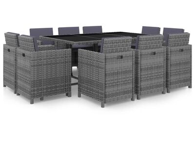vidaXL 11-osaline aiamööblikomplekt patjadega, polürotang, hall
