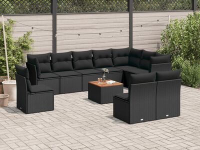 vidaXL 11-osaline aiadiivani komplekt patjadega, must, polürotang