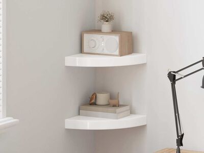vidaXL ujuvad nurgariiulid 2 tk, kõrgläikega valge, 25 x 25 x 3,8 cm, MDF