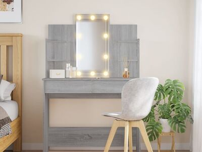 vidaXL LED-valgustusega tualettlaud, hall Sonoma tamm, 96x40x142 cm