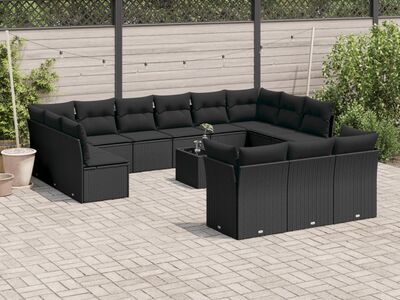 vidaXL 14-osaline aiadiivani komplekt patjadega, must, polürotang