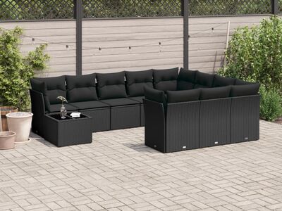 vidaXL 11-osaline aiadiivani komplekt patjadega, must, polürotang