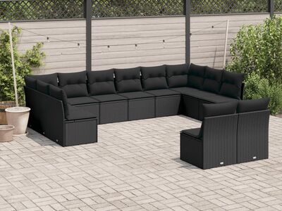 vidaXL 12-osaline aiadiivani komplekt patjadega, must, polürotang