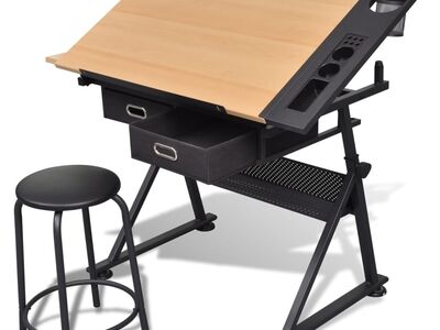 vidaXL kahe sahtliga kallutatava lauapealsega joonistuslaud pingiga