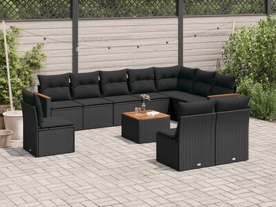 vidaXL 11-osaline aiadiivani komplekt patjadega, must, polürotang