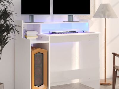 vidaXL kirjutuslaud LED-tuledega, kõrgläikega valge, 97x45x90 cm