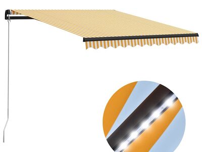 vidaXL käsitsi sissetõmmatav varikatus, LED, 300x250, kollane ja valge