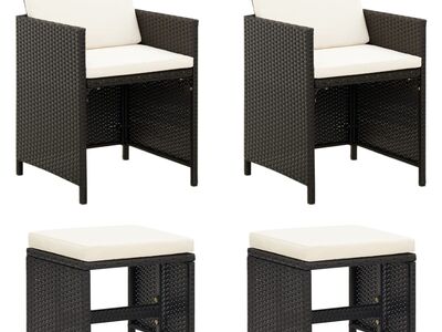 vidaXL 4-osaline aiatoolide ja pinkide komplekt, polürotang, must