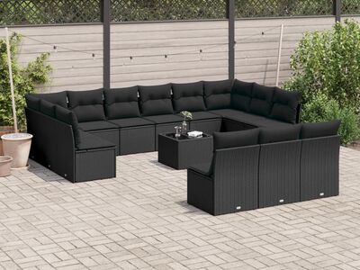 vidaXL 14-osaline aiadiivani komplekt patjadega, must, polürotang