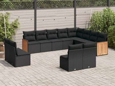 vidaXL 12-osaline aiadiivani komplekt patjadega, must, polürotang