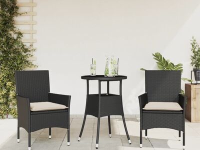 vidaXL 3-osaline aiamööbli komplekt patjadega, must, polürotang/klaas