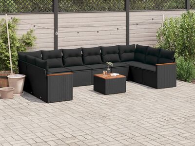 vidaXL 11-osaline aiadiivani komplekt patjadega, must, polürotang