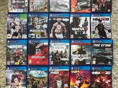 20 PS4 mängu (FIFA 21, GTA V, WRC 8, Dirt 4 jt)